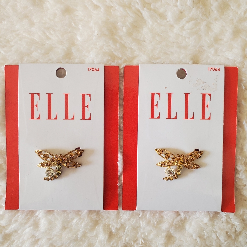 BARRETTES Dragonfly (2) with Amber and Clear Bling in Goldtone by ELLE. NEW.